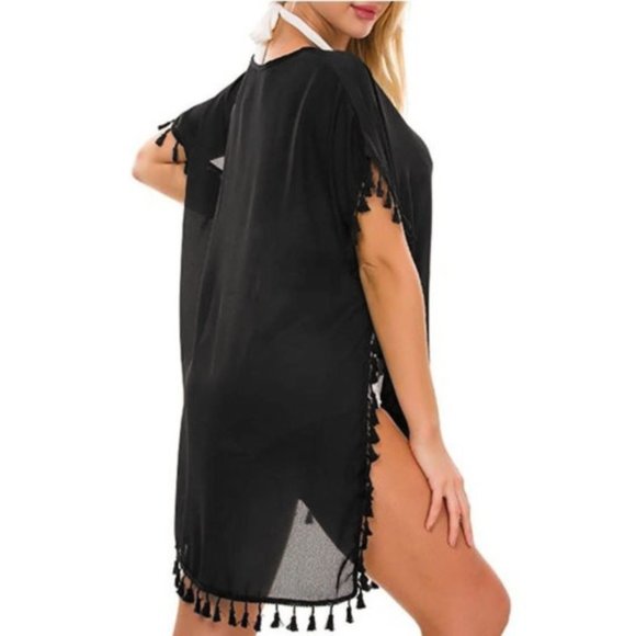 Flattering Tassel Beach Swim Coverup Black Pom Pom - Picture 3 of 7